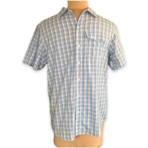 Columbia Omni Wick Plaid Short Sleeve Button Shirt Blue Orange Small Casual